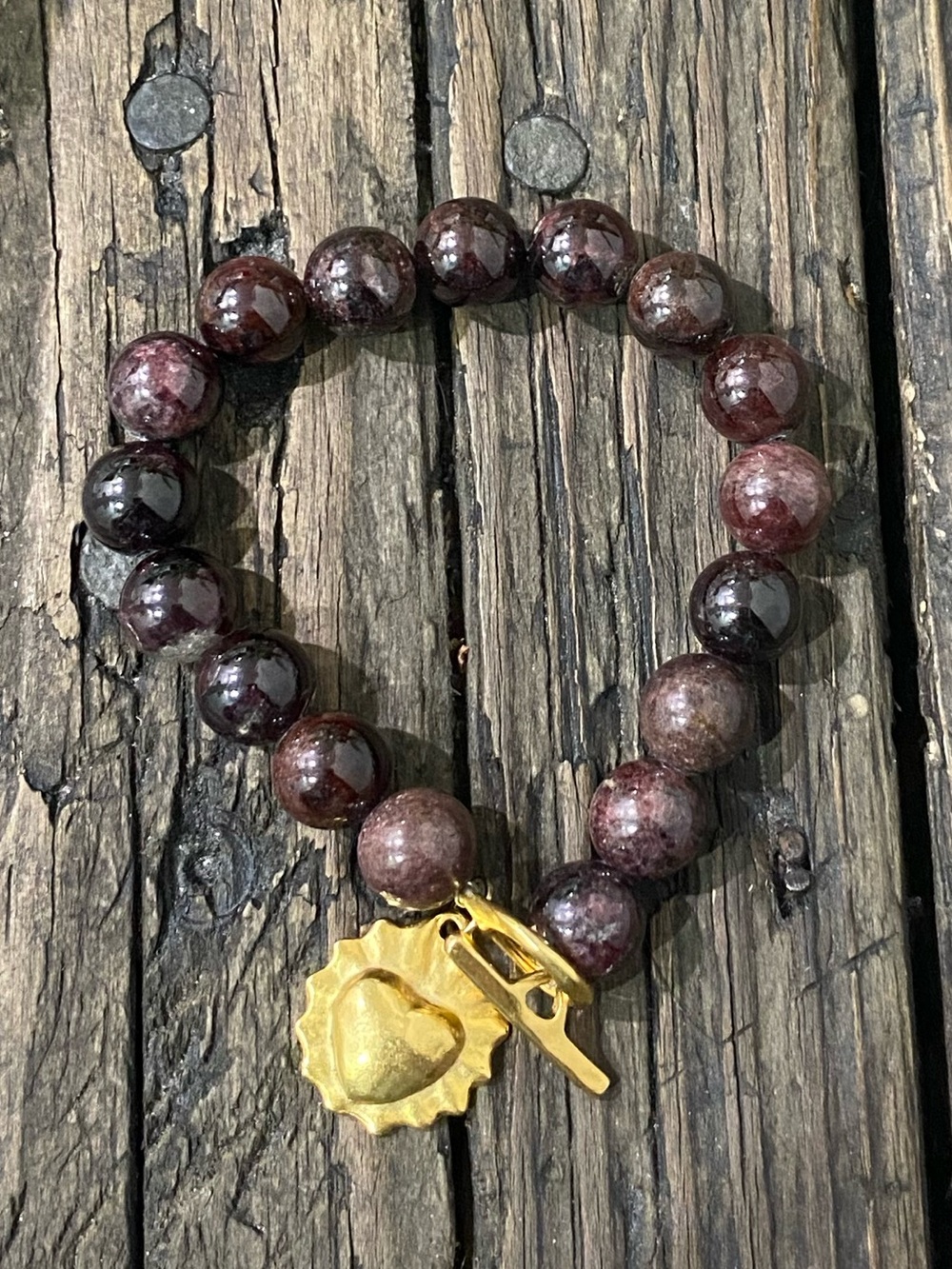 Flaming Heart Garnet Bead Stretch Bracelet, Toggle Clasp Closure